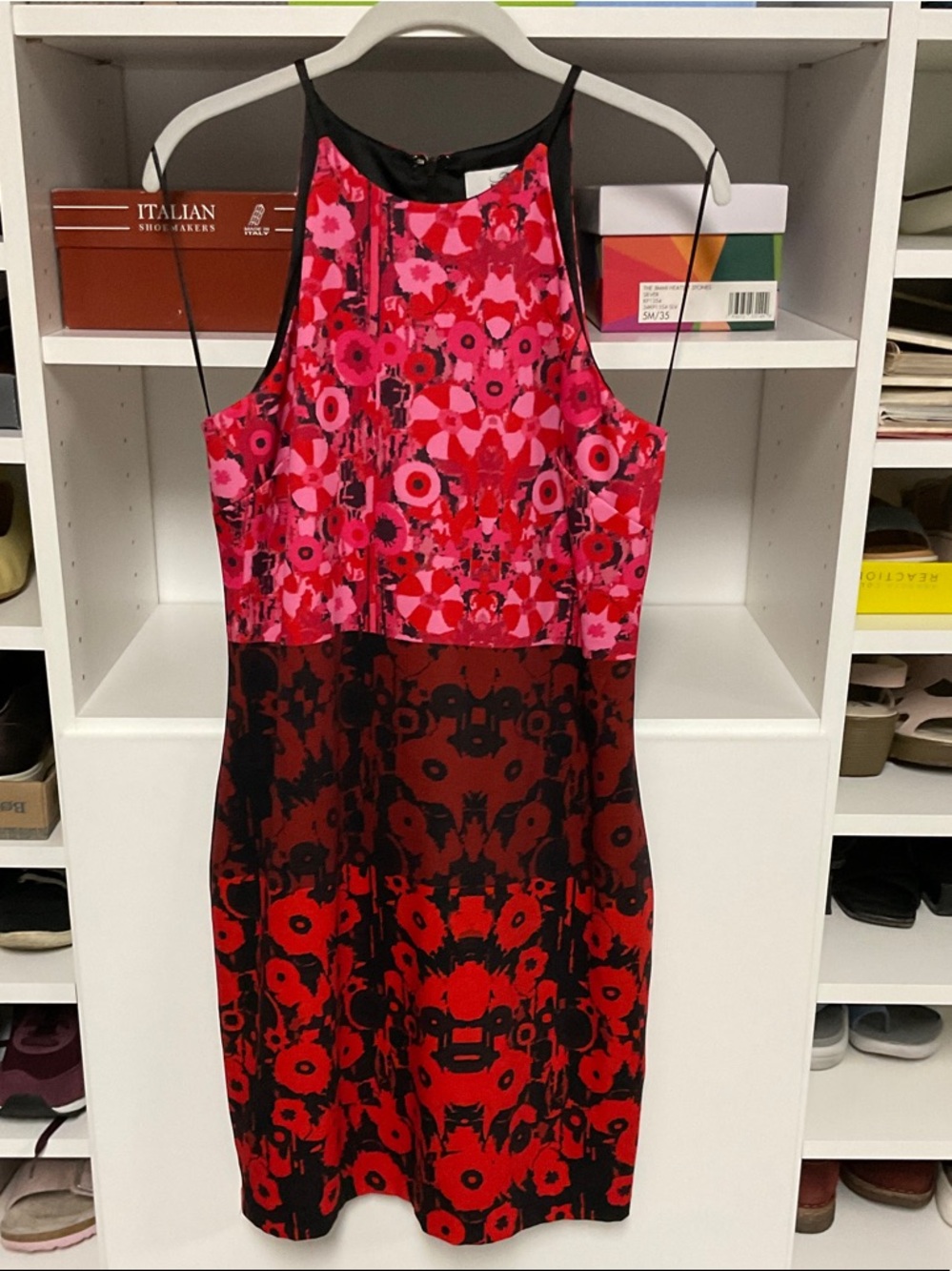 Badgley Mischka Red and Pink Floral Halter Sheath Dress
